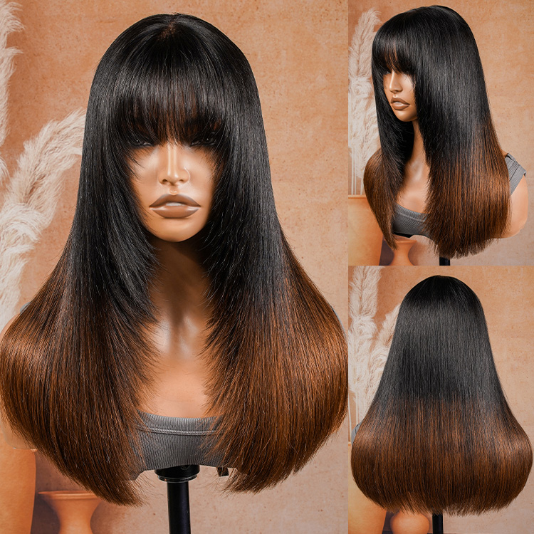 Ombre Brown Layered Cut Straight Bob Wig Human Hair Wig With Curtain Bangs