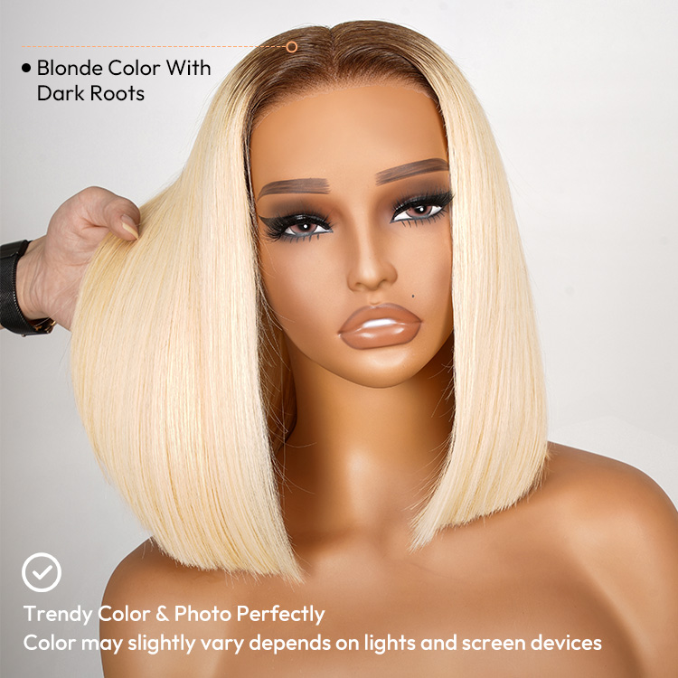 Blonde Bob Wig With Brown Roots