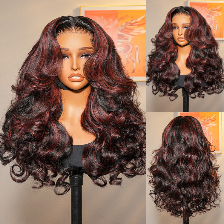 Cherry Cola Red Highlight Layered Cut Customized Wave Human Hair Pre-Everything Wig