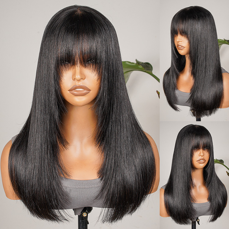 Glueless Layered Cut Wig Natural Black Straight Bob Wig Human Hair Wig With Curtain Bangs