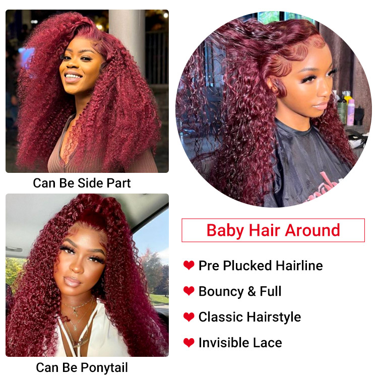 burgundy curly lace front wigs