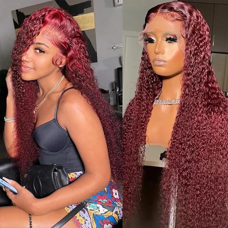 burgundy curly lace front wigs