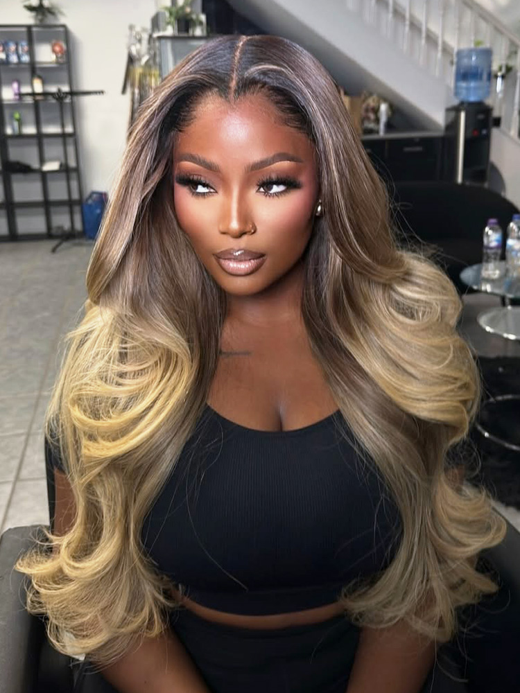 Ash Brown Ombre Blonde Colored Ready To Go Wigs Loose Body Transparent Lace Front Wig Human Hair