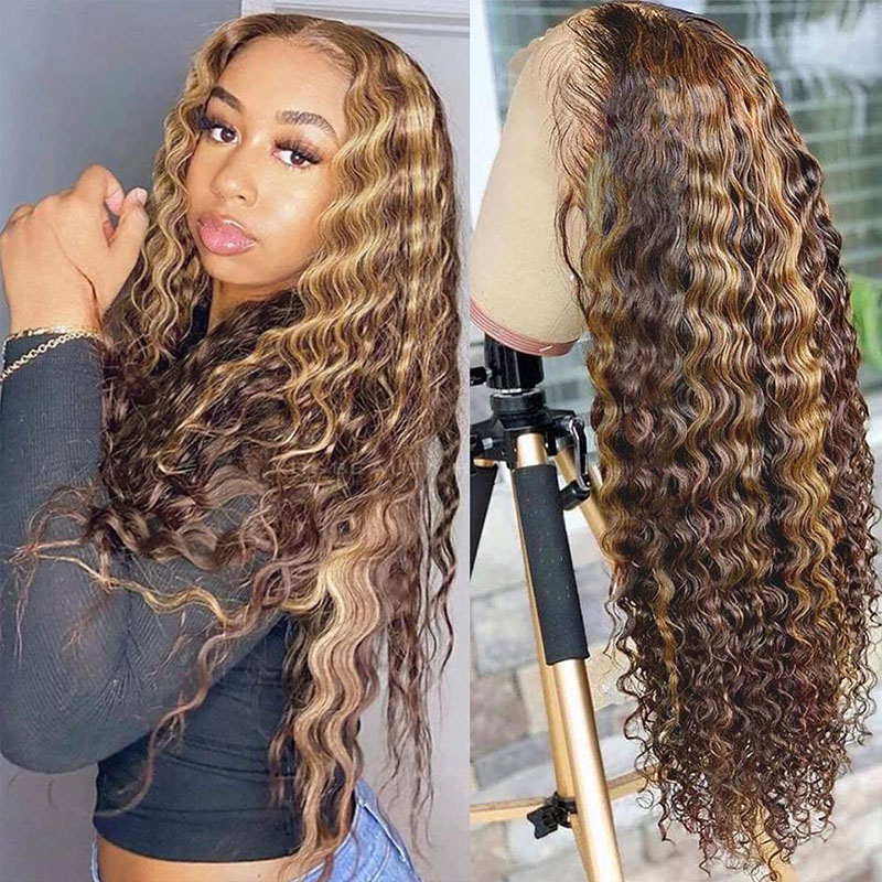 Honey Blonde Hightlights Deep Wave Lace Front Wig 150% Density Quality Human Hair