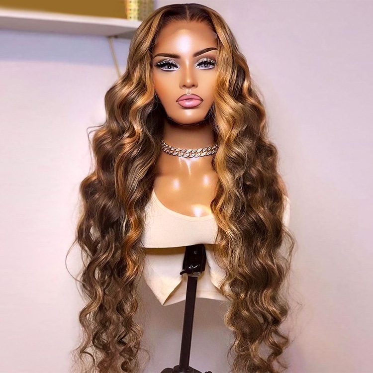 Body Wave Highlight Wigs 150% Density Brown Lace Part Wig With Blonde Highlights