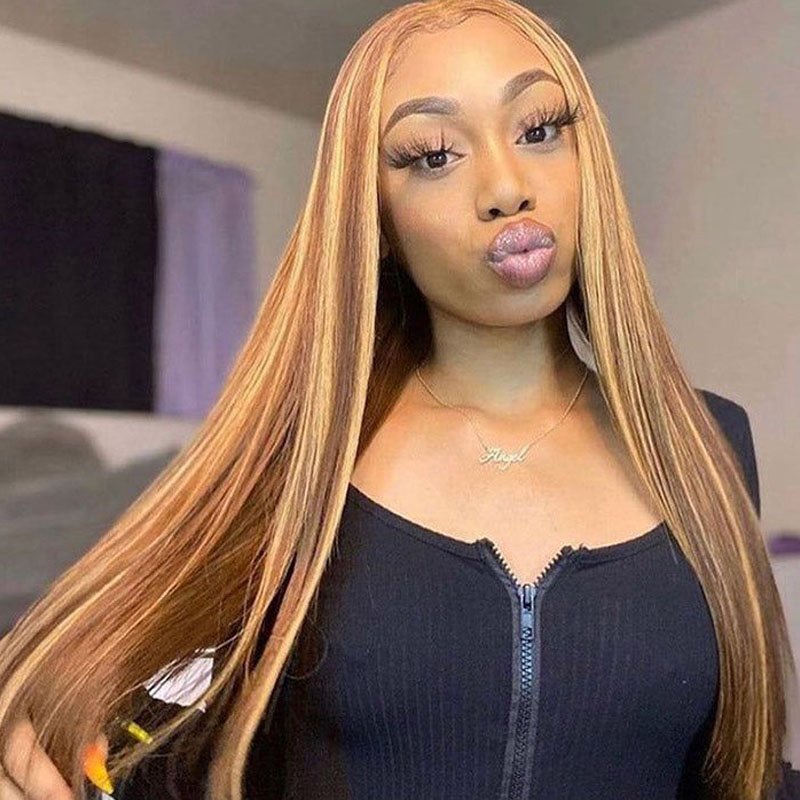 Brown and Honey Blonde Highlight Wigs 13*4 Lace Frontal Straight Wigs 150% Density